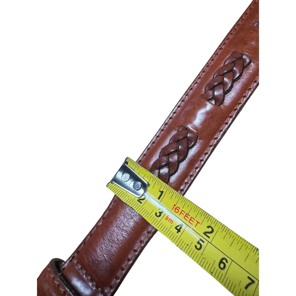 Mens Cognac Brown Full Grain Leather Braided Inlay Belt Florsheim Turkey 36 VTG